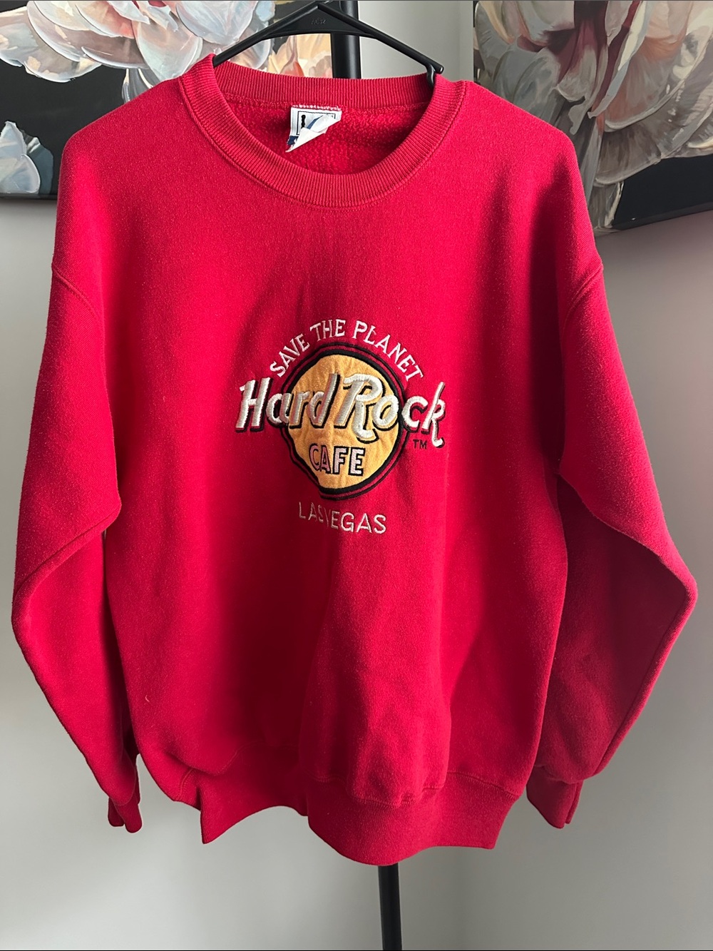 Hard Rock Cafe Red Crewneck with Gold & White Embroidered Logo